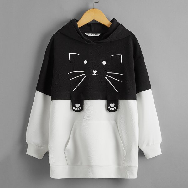

Girls Cartoon Graphic Color Block Drop Block Hoodie, Black and white