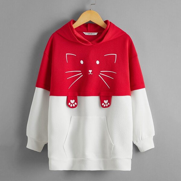 

Girls Cartoon Graphic Color Block Drop Block Hoodie, Red and white
