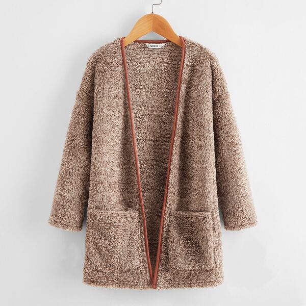 

Girls Patch Pocket Teddy Coat, Mocha brown
