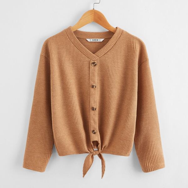 

Girls Waffle Knit Tie-Front Button Tee, Camel