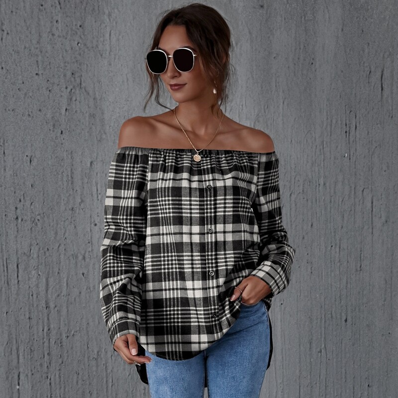 

Off Shoulder Curved Hem Tartan Top, Black and white