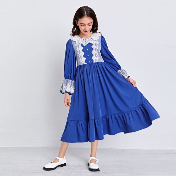 

Girls Buttoned Front Embroidery Mesh Ruffle Trim Dress, Royal blue