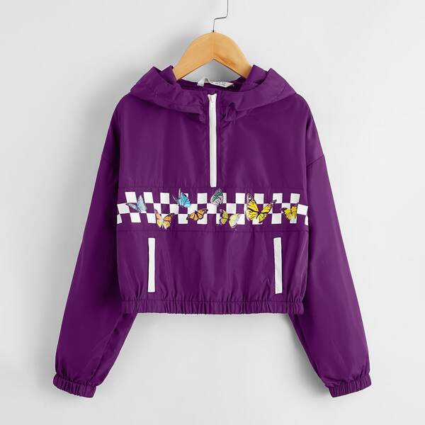 

Girls Zip Half Placket Butterfly and Checked Hooded Jacket, Purple