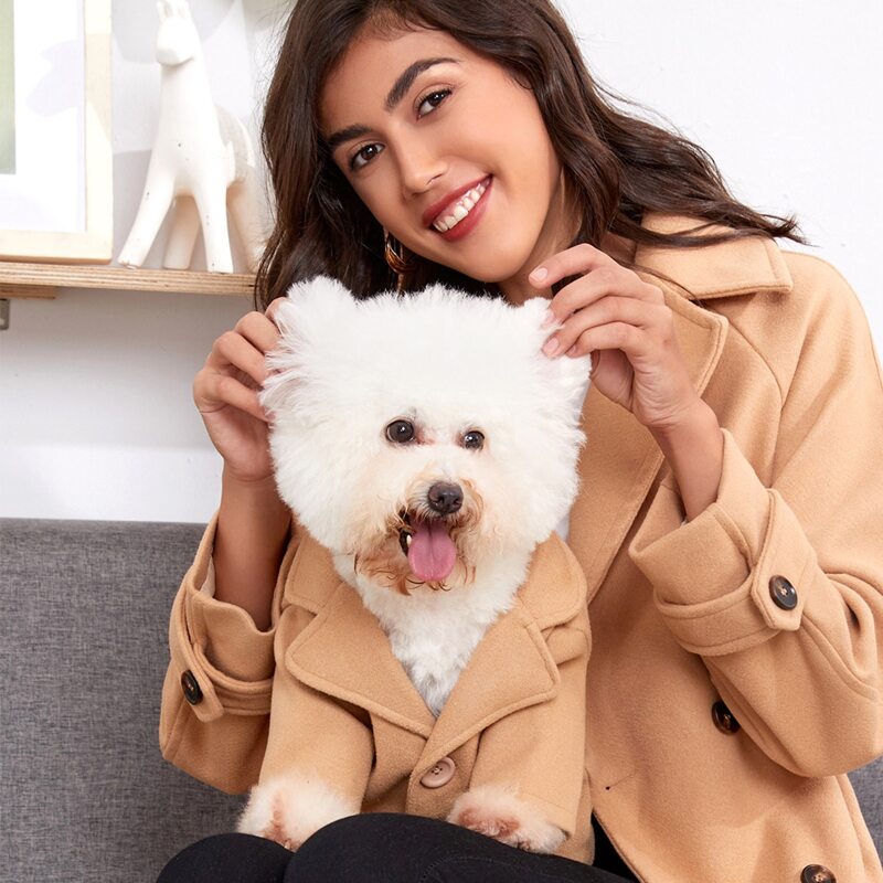 

1pc Single Breasted Lapel Collar Dog Overcoat, Khaki
