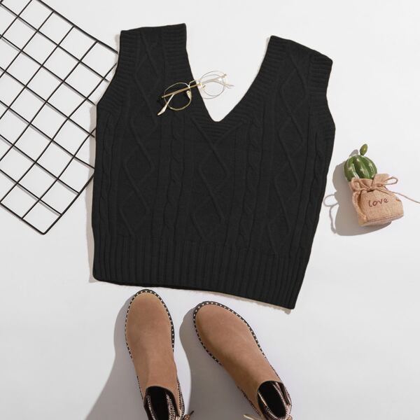 

Mixed Knit Crop Sweater Vest, Black