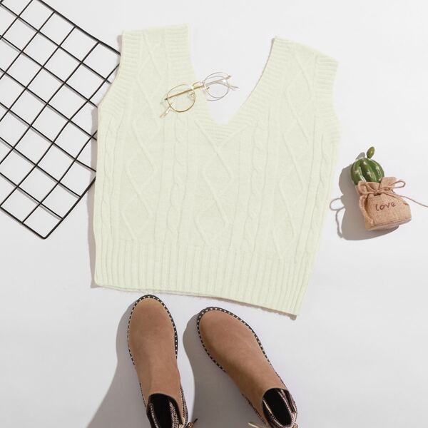 

Mixed Knit Crop Sweater Vest, Beige