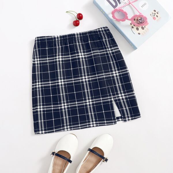 

Girls Split Hem Tartan Skirt, Navy blue