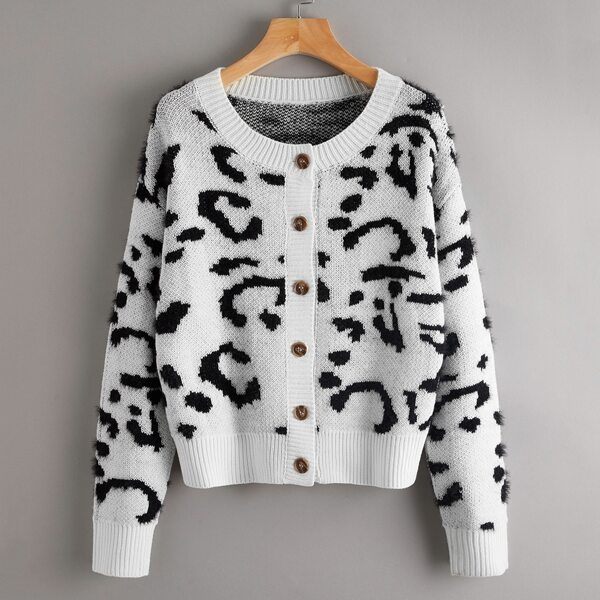 

Button Front Drop Shoulder Leopard Cardigan, Black and white