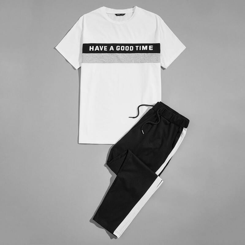 

Guys Colorblock Slogan Graphic Top & Sweatpants Set, Black and white