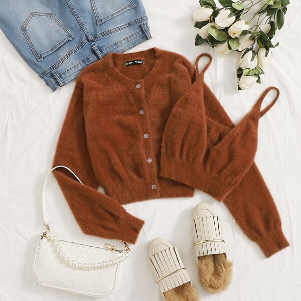 

Button Front Fuzzy Knit Cardigan With Cami, Rust brown