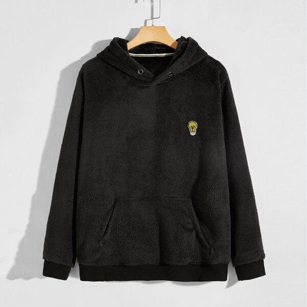 

Men Kangaroo Pocket Patched Teddy Hoodie, Black