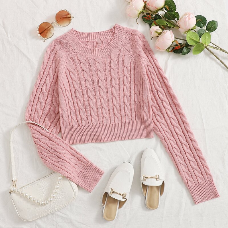 

Raglan Sleeve Cable Knit Sweater, Pastel dusty pink