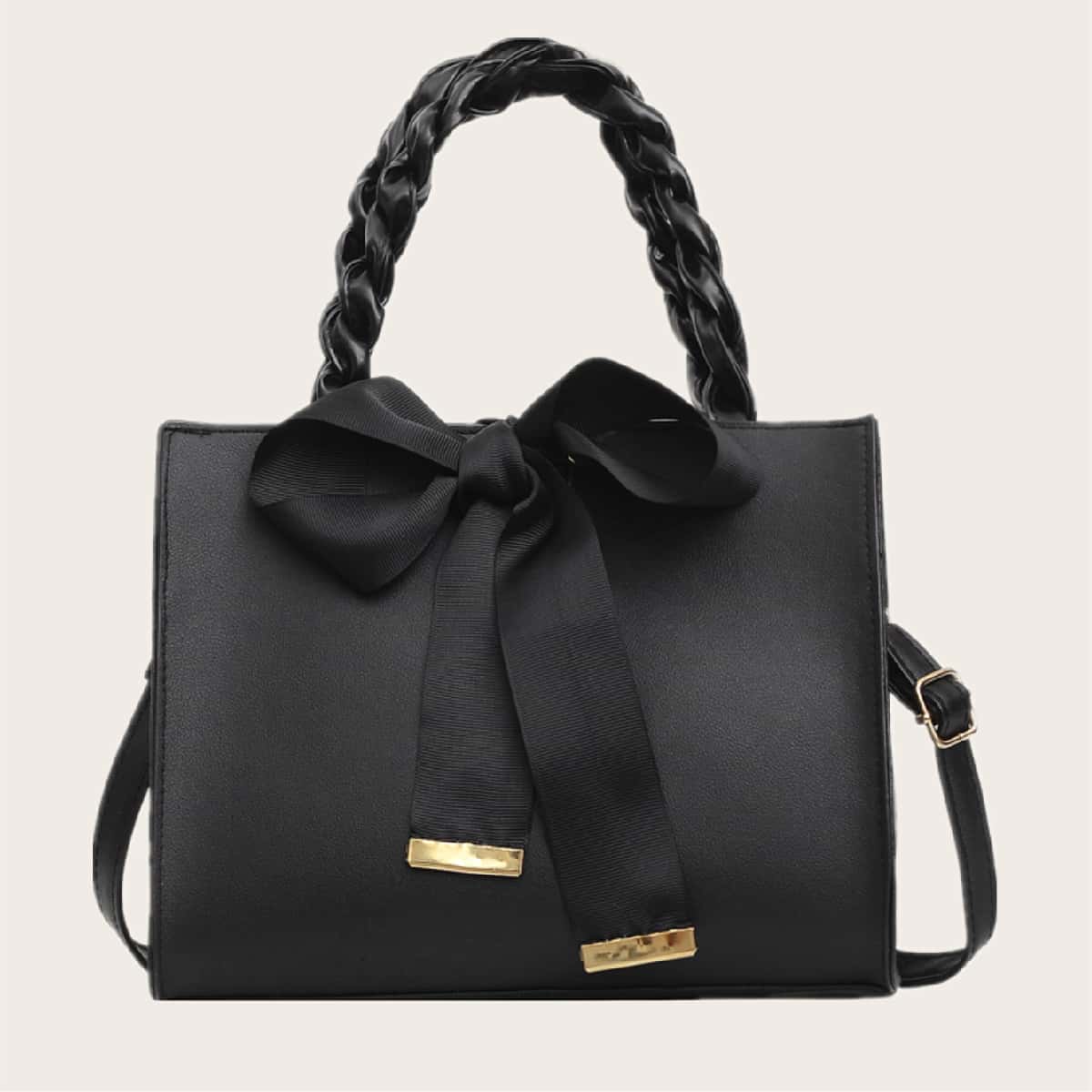 

Bow Decor Braided Handle Satchel Bag, Black