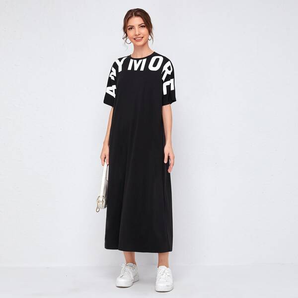 

Batwing Sleeve Letter Graphic Tee Dress, Black