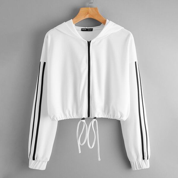 

Zip Up Side Stripe Drawstring Hem Hoodie, White