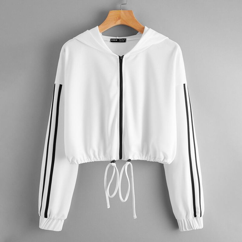 

Zip Up Side Stripe Drawstring Hem Hoodie, White