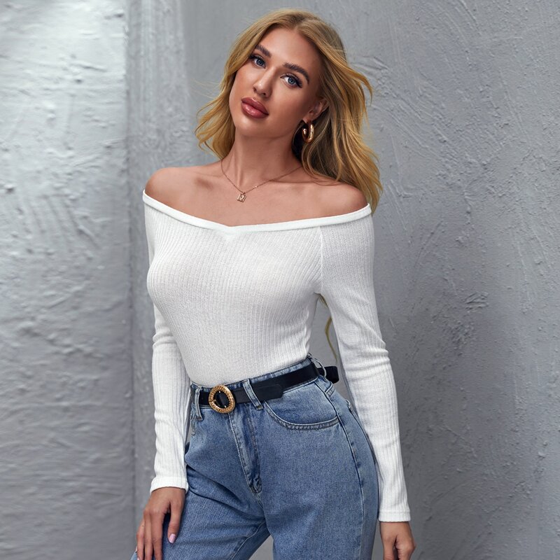 

Off Shoulder Rib-knit Tee, White
