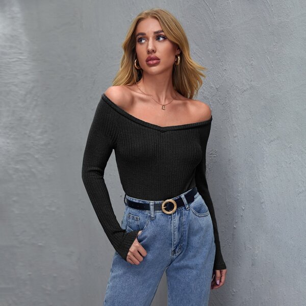 

Off Shoulder Rib-knit Tee, Black