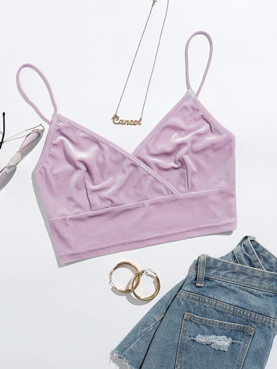 SHEIN EZwear Surplice Neck Velvet Crop Cami Top - Lilac Purple - View 1