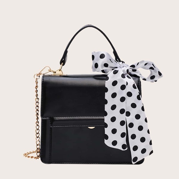 

Chain Satchel Bag With Twilly Scarf, Black