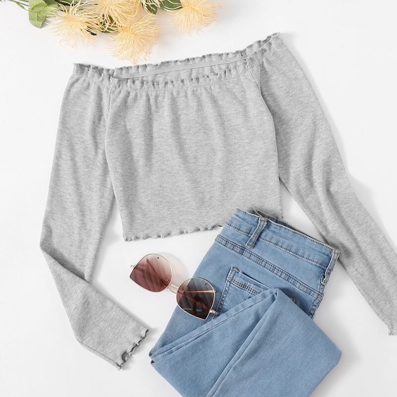 

Off Shoulder Lettuce Trim Rib-knit Top, Light grey