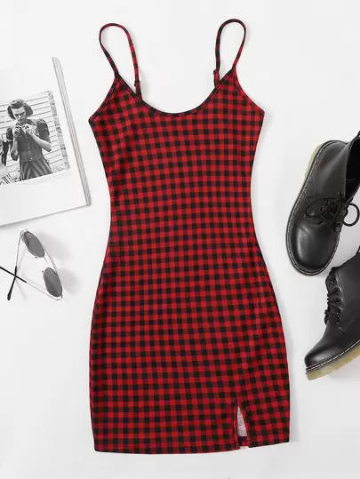 Buffalo Plaid Slit Cami Bodycon Mini Dress