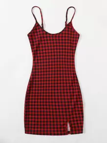 SHEIN EZwear 開衩下擺格紋圖案包臀洋裝 - 彩色 - 查看 4