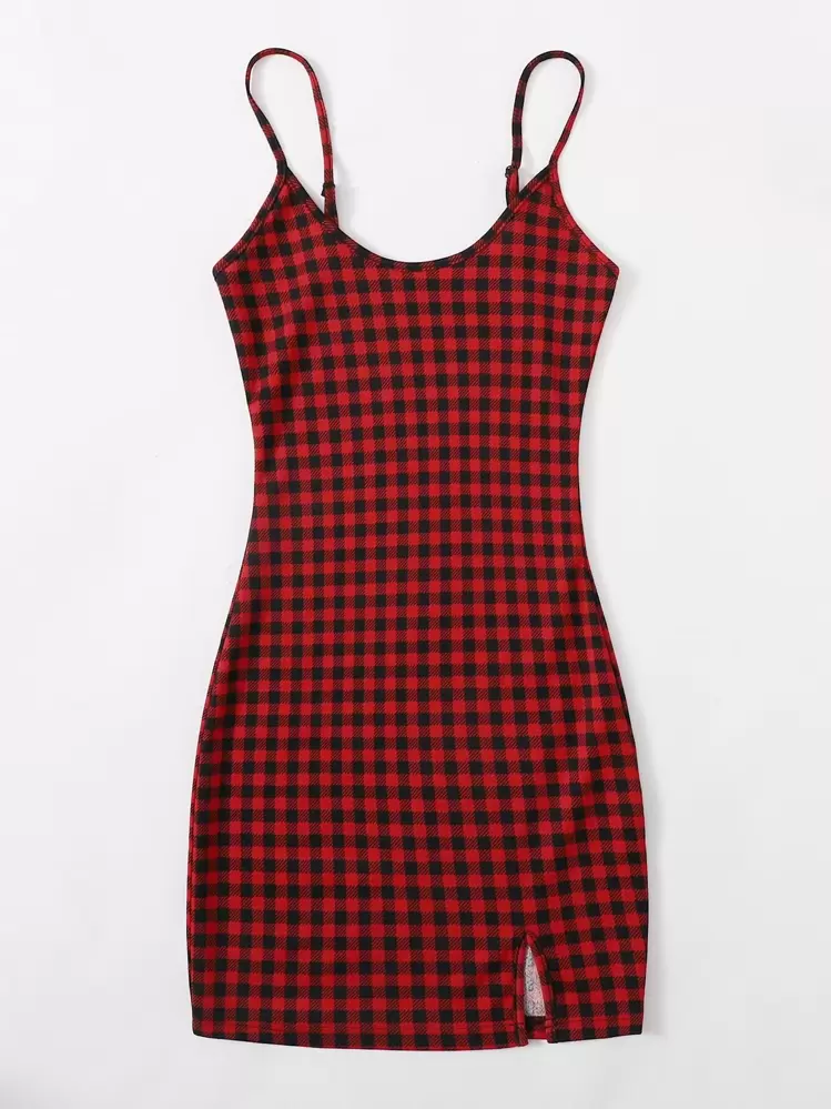 SHEIN EZwear Buffalo Plaid Slit Cami Bodycon Mini Dress | SHEIN USA