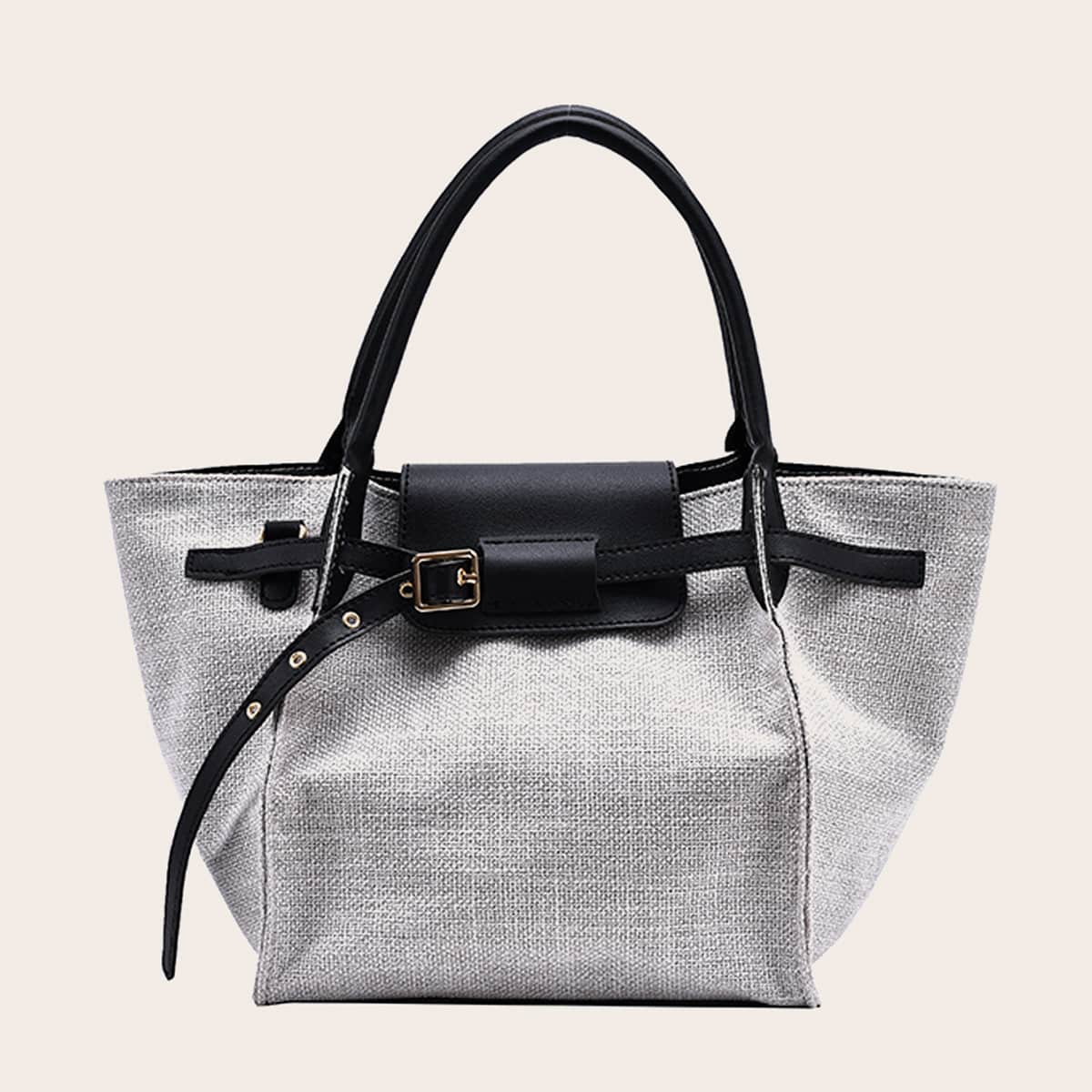 

Buckle Decor Canvas Satchel Bag, Black