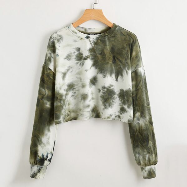 

Drop Shoulder Tie Dye Crop Pullover, Army green