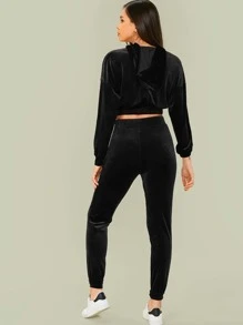 SHEIN Velvet O-ring Zip Up Hoodie and Joggers Set - Black - View 2