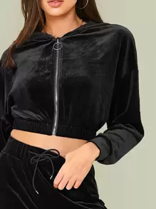 SHEIN Velvet O-ring Zip Up Hoodie and Joggers Set - Black - View 3