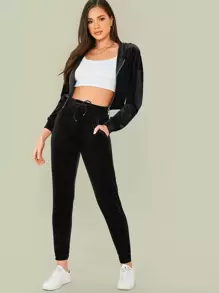 SHEIN Velvet O-ring Zip Up Hoodie and Joggers Set - Black - View 5