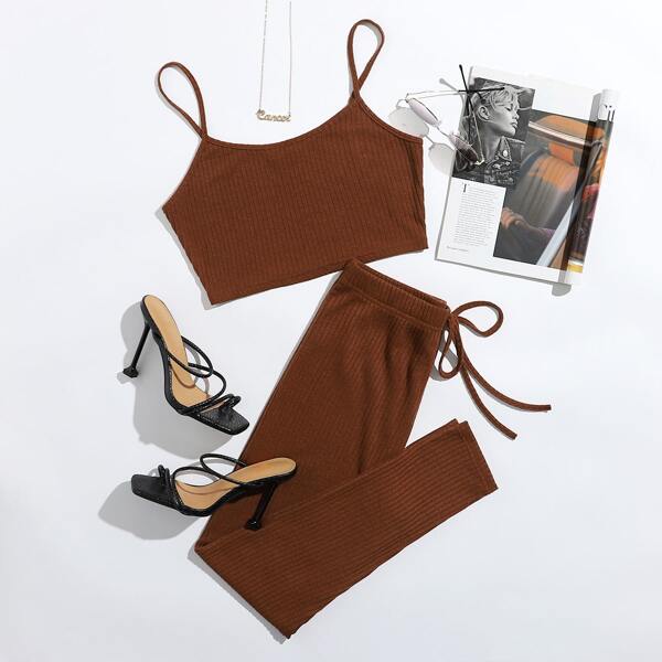 

Rib-knit Crop Cami Top & Leggings Set, Rust brown