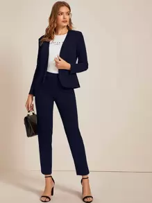 SHEIN Privé 前開式西裝外套和褲子套裝 - 藏蓝色 - 查看 1