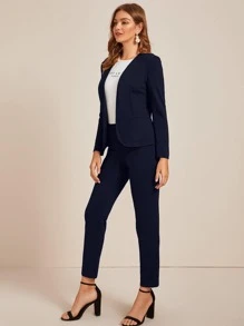 SHEIN Privé 前開式西裝外套和褲子套裝 - 藏蓝色 - 查看 4