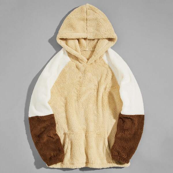 

Men Kangaroo Pocket Raglan Sleeve Teddy Hoodie, Khaki