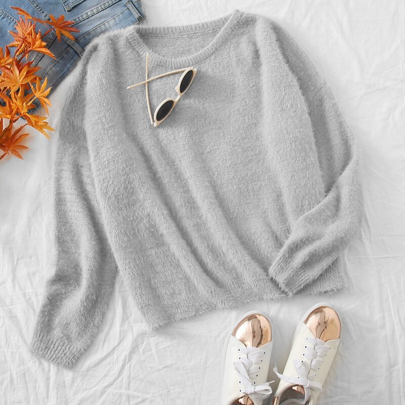 

Drop Shoulder Fluffy Knit Oversized Sweater, Light grey