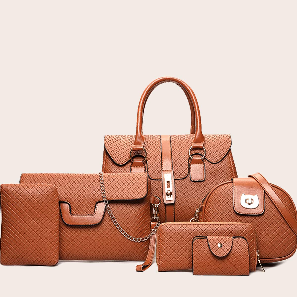 

6pcs Twist Lock Satchel Bag Set, Brown