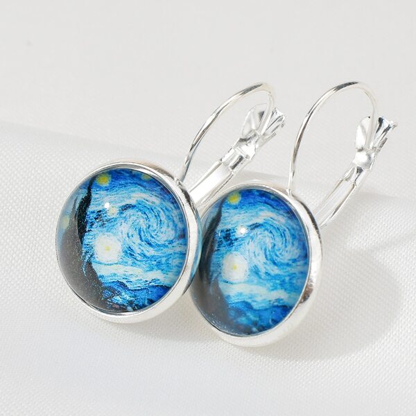 

Starry Night Pattern Round Earrings, Silver