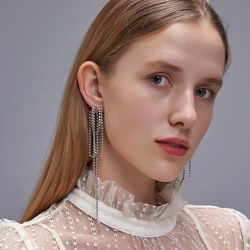 

Rhinestone Tassel Drop Earrings, Silver