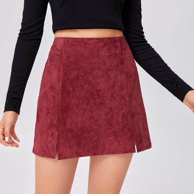 

Solid Suede Split Skirt, Redwood