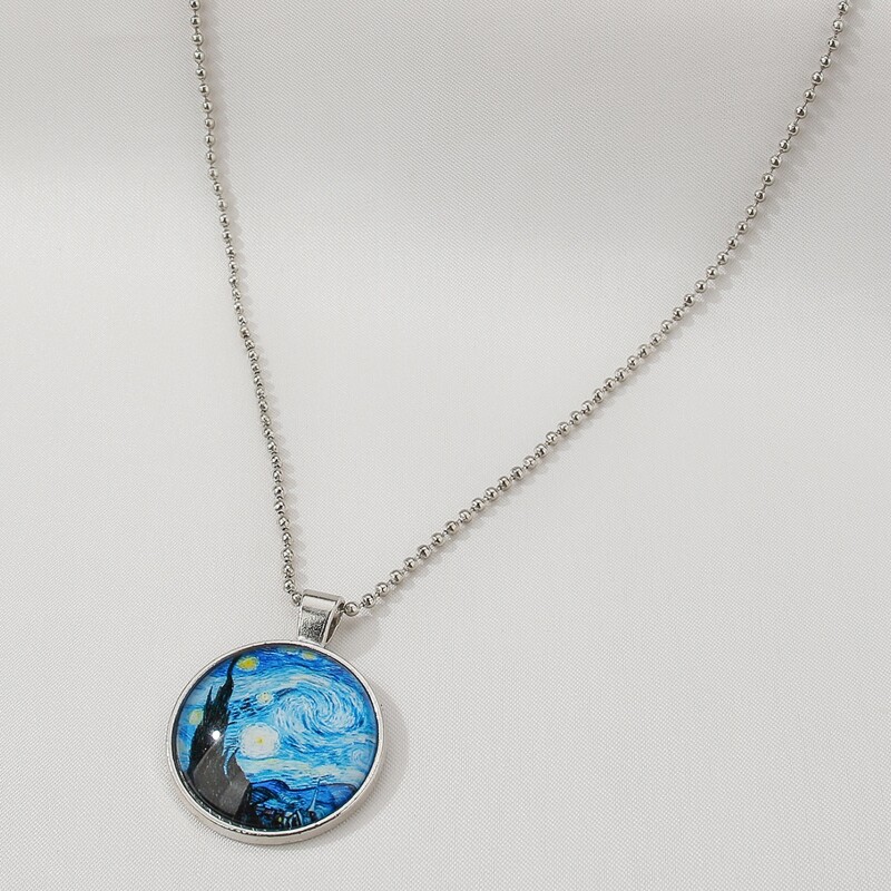

Starry Night Pattern Round Charm Necklace, Silver