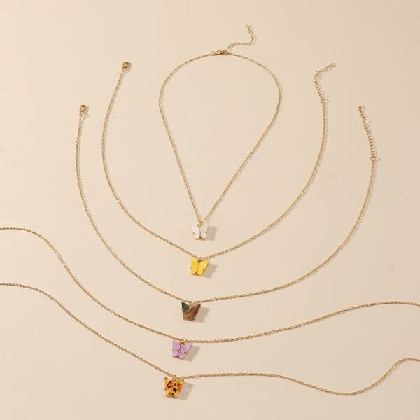 

5pcs Girls Butterfly Charm Necklace, Multicolor