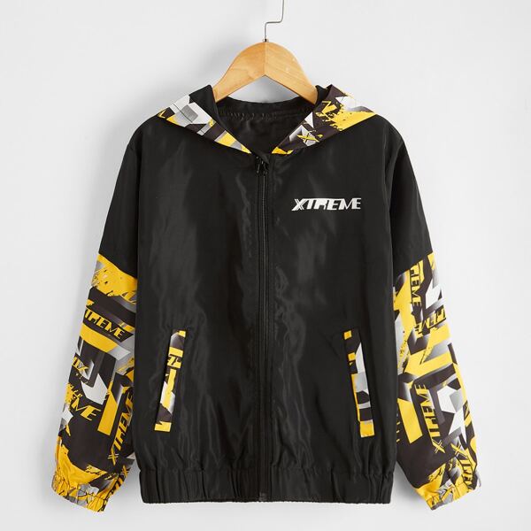 

Toddler Boys Letter Graphic Zip Up Hooded Windbreaker Jacket, Black