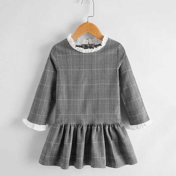 

Toddler Girls Plaid Print Frill Trim Ruffle Hem Smock Dress, Grey