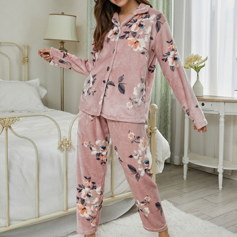 

Floral Print Flannel Pajama Set, Dusty pink