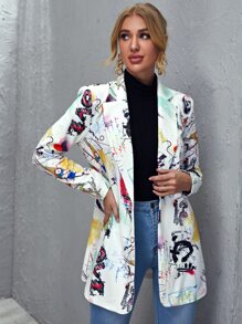 SHEIN Notched Collar Single Button Pop Art Print Blazer