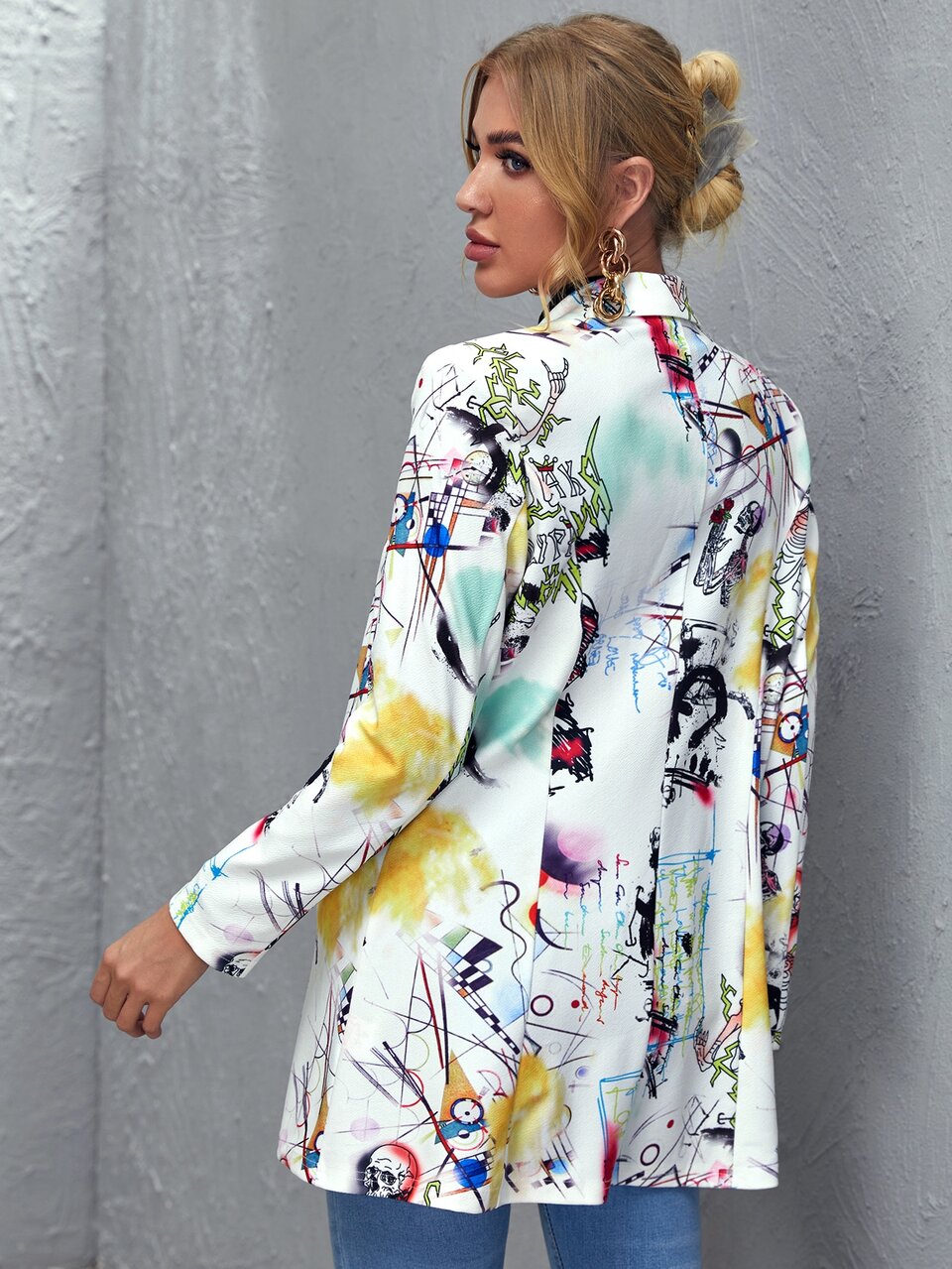 Notched Collar Single Button Pop Art Print Blazer In Fall/Winter