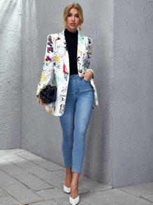 SHEIN Notched Collar Single Button Pop Art Print Blazer
